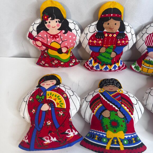 VTG Handmade Stuffed Ornament Dolls 'Around the World' Fabric Set of 8 Christmas - Picture 3 of 5